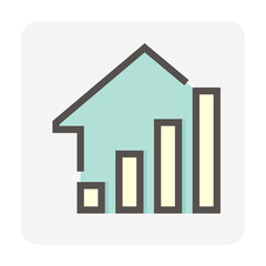 House price or value increase vector icon. Consist of home or house building,  growth graph. Rate of real estate or property for development, owned, sale, rent, buy, purchase or investment. 48x48 px.