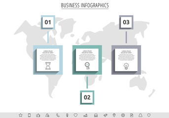 Minimal infographics with three square elements or rectangular frames. Modern visualization of 2-stepped business concept. Flat infographic design template for diagram, web, banner