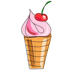 Ice cream cone with cherry in a waffle cup. Vector image