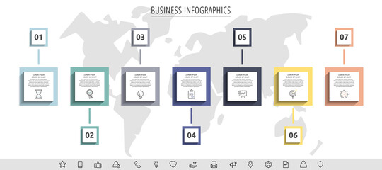 Minimal infographics with seven square elements or rectangular frames. Modern visualization of 7-stepped business concept. Flat infographic design template for diagram, web, banner, presentations