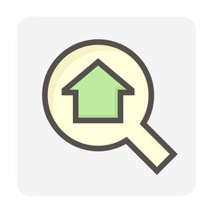 Search house vector icon. Consist of magnifying glass and people. That resident, agent or realtor to find real estate or property for development, owned, sale, rent, buy or investment. 48x48 pixel.