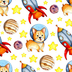 Watercolor illustrations of corgi pattern in space, planets, rockets and stars. Seamless repeating pattern of astronaut dogs. Puppy in a spacesuit. Isolated over white background. Drawn by hand.