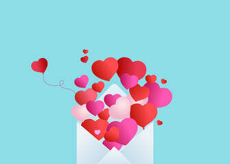 Background Valentines day. Balloons in form of heart fly out of the open envelope