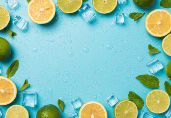 Top view photo of mint leaves whole and sliced limes halves of lemon ice cubes and water drops on...