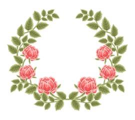 Hand drawn botanical peony flower wreath and leaf branch vector illustration arrangement
