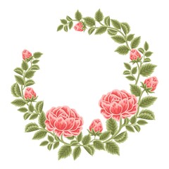 Hand drawn botanical rose flower wreath and leaf branch vector illustration arrangement