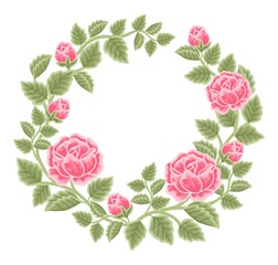 Hand drawn botanical rose flower wreath and leaf branch vector illustration arrangement