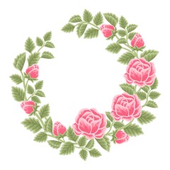 Hand drawn botanical rose flower wreath and leaf branch vector illustration arrangement