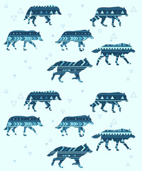 vector seamless pattern of wolves silhouettes with stylized ethnic ornament in blue colours, cold winter palette