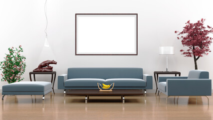 Horizontal frame mockup on the wall with modern living room interior design.