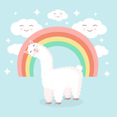 Fototapeta premium Cute llama or alpaca on a background of rainbow and cheerful clouds. Vector illustration for greeting card, poster, texture, textile, decor. Cartoon character.
