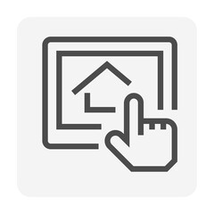 Search house vector icon. Consist of tablet and people. That resident, agent or realtor to online find real estate or property for development, owned, sale, rent, buy or investment. 48x48 pixel.