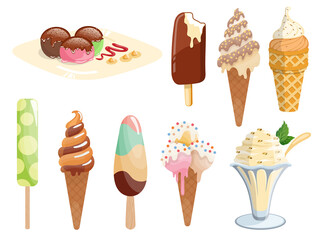 Tasty colorful ice cream set. Collection ice-cream cones and ice-cream on a stick isolated on white background.  illustration for web menu design or print
