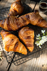 Freshly baked croissants on cooling rack on wooden table.