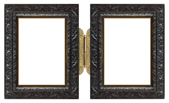 Double wooden frame (diptych) for paintings, mirrors or photos isolated on white background. Design element with clipping path.Double wooden frame (diptych) for paintings, mirrors or photos isolated o