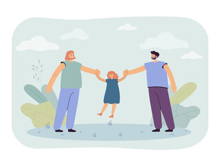 Mother and father playing with daughter vector illustration. Man and female characters holding little girl, smiling. Family leisure concept for banner, website design, landing web page