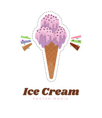Ice cream sticker or badge. Color vanilla ice cream dessert. Kids sweets. Cute ice cream cone cartoon  illustration