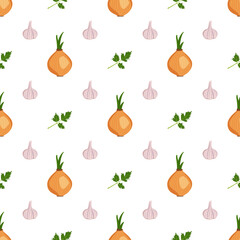 Cute seamless pattern with garlic, onion and parsley herbs. Vegetable harvest print. Summer or autumn background. Vector flat illustration