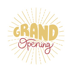 Fototapeta na wymiar Grand opening - hand-drawn lettering in vintage style in gold and red colors. Pretty doodle design for poster, advertisement, sign, sticker, print, banner, etc.