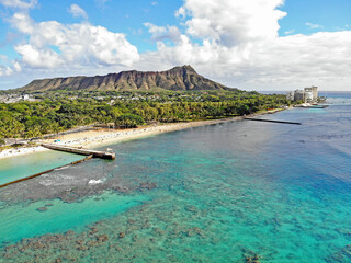 Aerial view of Diamond Head, Waikiki Beach, and Kapiolani Park in Honolulu on Oahu, Hawaii
