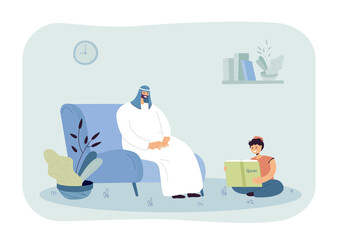 Little boy reading Quran on floor. Father in traditional clothes sitting on sofa, watching son flat vector illustration. Ramadan, Islam, religion concept for banner, website design or landing web page