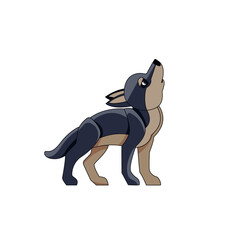 Obraz premium Black wolf cub howls in the sky. Cartoon character of a kid mammal animal. A wild forest creature with dark fur. Side view. Vector flat illustration isolated on a white background