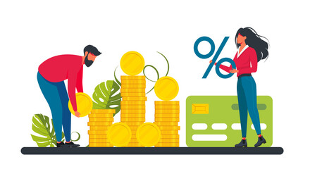 Loan with Huge Interest Rate. tiny woman and man holding a percent sign and coin, credit card. Relationship finances. investment. Saving and accumulating money concept. Financial well-being.