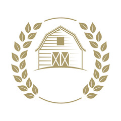 Golden barn surrounded by laurel wreath