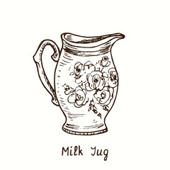 Milk jug with floral decor. Ink black and white drawing outline illustration