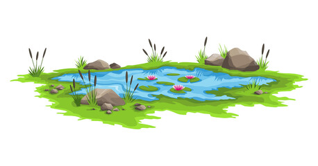 Fototapeta premium Blue water pond with reeds and stones around. Natural pond outdoor scene. Concept of open small swamp lake in natural landscape style. Graphic design for spring season