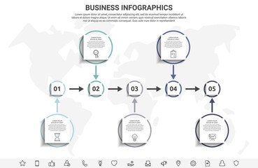 Minimal infographics with five square elements or circles. Modern visualization of 5 step by step timeline concept. Flat template for presentations, flowchart, timeline, levels, chart