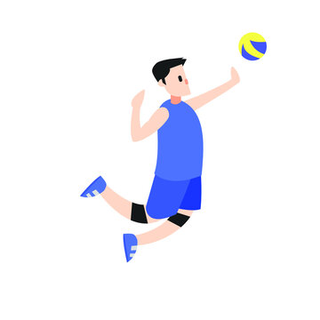 Volleyball Player Doing Jumping Hitting And Spiking. Flat Volleyball Pro Player Vector Illustration