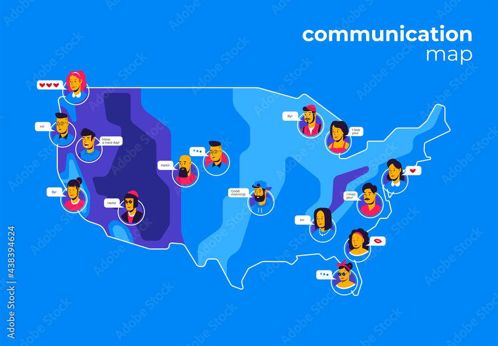 Poster vector illustration map of communication with avatars of users with clouds for text in messenger
