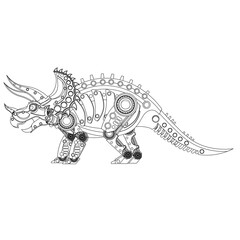 Steampunk Triceratops Dinosaur Robot coloring book. Vector illustration on a white background.