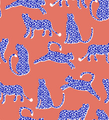 Textured Naughty Leopards Pattern Trendy Fashion Colors Minimal Concept Seamless Design Abstract Cartoon Cats