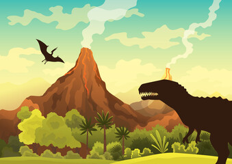 Prehistoric landscape - volcano with smoke, mountains, dinosaurs and green vegetation.  illustration of beautiful prehistoric landscape and dinosaurs © the8monkey