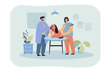 Veterinarian examining cute dog in clinic. Cartoon doctor with animal, female owner, medical center flat vector illustration. Veterinary, pets concept for banner, website design or landing web page