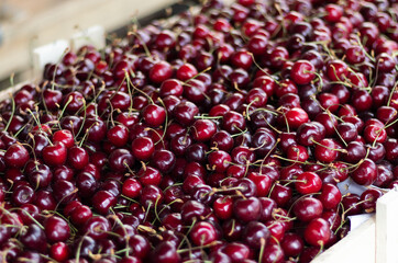 A box of ripe cherries in a grocery store. High quality photo