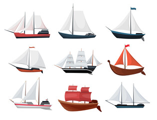 Collection of yachts, sailboats or sailing ships. Cruise travel company icons design.  old vessels