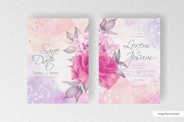 Minimalist wedding invitation template with hand drawn floral and abstract watercolor splash design