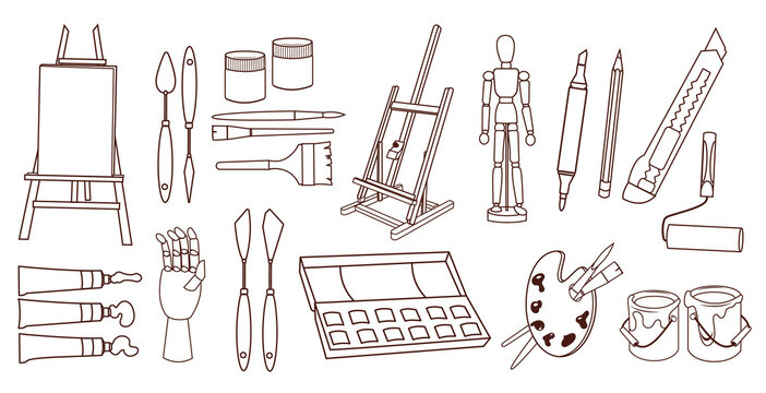 A set of tools for drawing and creating in a linear style. Contour image of art objects. Vector design element.