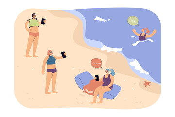 People on beach ignoring drowning woman. Female characters livestreaming on seashore while girl asking for help flat vector illustration. Addiction, social media concept for banner, website design