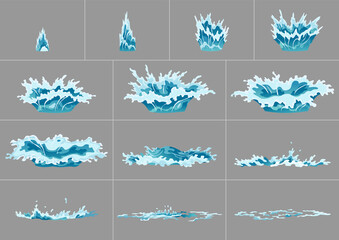 Element water splashes animation.  frame set for game animation. Dripping water special effect fx animation frames sprite sheet