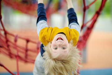 Сute perky preschooler boy having fun on outdoor playground. Spring/summer/autumn active sport...