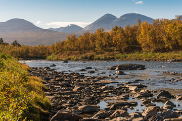 Landscape with Abisko river and mountains, Norrbotten, Sweden - 438396242