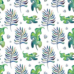 Bright tropical motives, juicy patterns from painted leaves. Trending tropical designs for textiles and interiors. Watercolor leaves of palm and banana tree. Hawaiian pattern in vibrant greens.