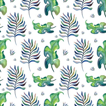 Bright tropical motives, juicy patterns from painted leaves. Trending tropical designs for textiles and interiors. Watercolor leaves of palm and banana tree. Hawaiian pattern in vibrant greens.