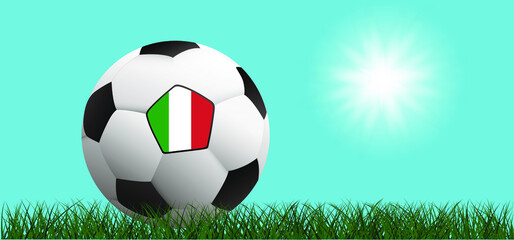 Naklejka premium Football with the flag of Italy on green soccer grass field with sun. Flat vector wk, ek background banner. Sport finale EK, WK game cup. Summer, spring time, Street ball games. 2021