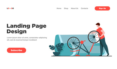 Man repairing bicycle at home. Wheel, sofa, living room flat vector illustration. Transport and maintenance concept for banner, website design or landing web page