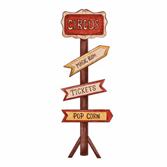 Wooden signs on the pillar, circus sign, directional signs: tickets, magic room, popcorn. Hand-drawn raster illustration. 